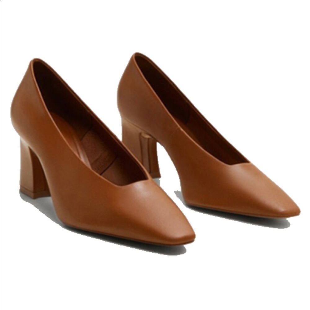 Mango square toe brown leather heels